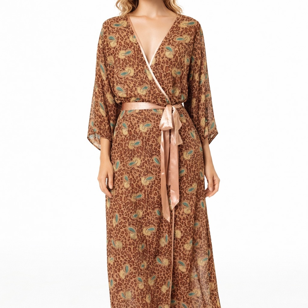 VINTAGE Satin-Trim Brown Printed Wrap Robe M/L
